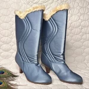 LaCrosse VINTAGE Womens Satin Shearling Winter Boots sz 8 High Heel 70s 80s Blue